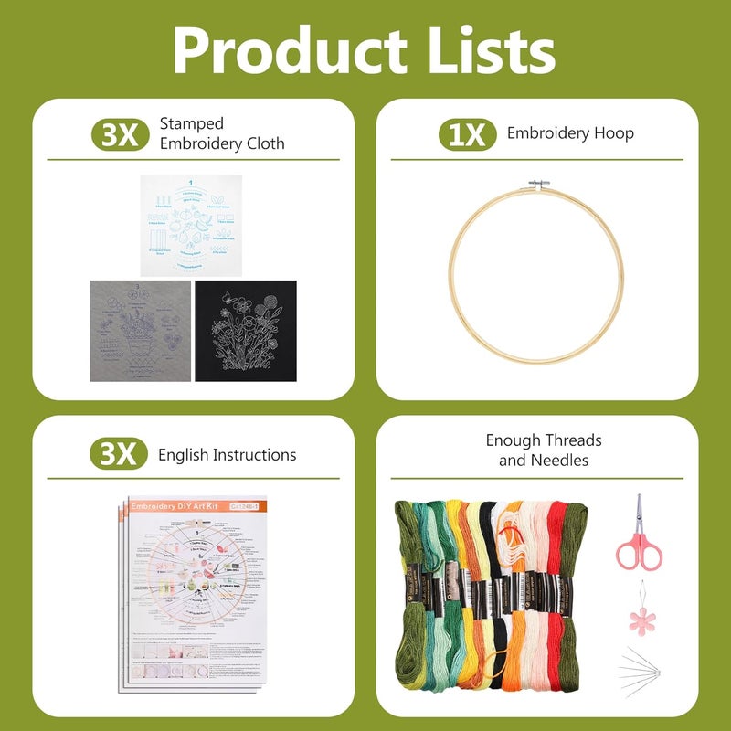Santune 3 Pack Beginner Embroidery Kits for Adults DIY Starter Kit with 33 Stitch Techniques, Stamped Patterns, Embroidery Hoop, Colorful Threads,Stitch Video Tutorial - Image 4